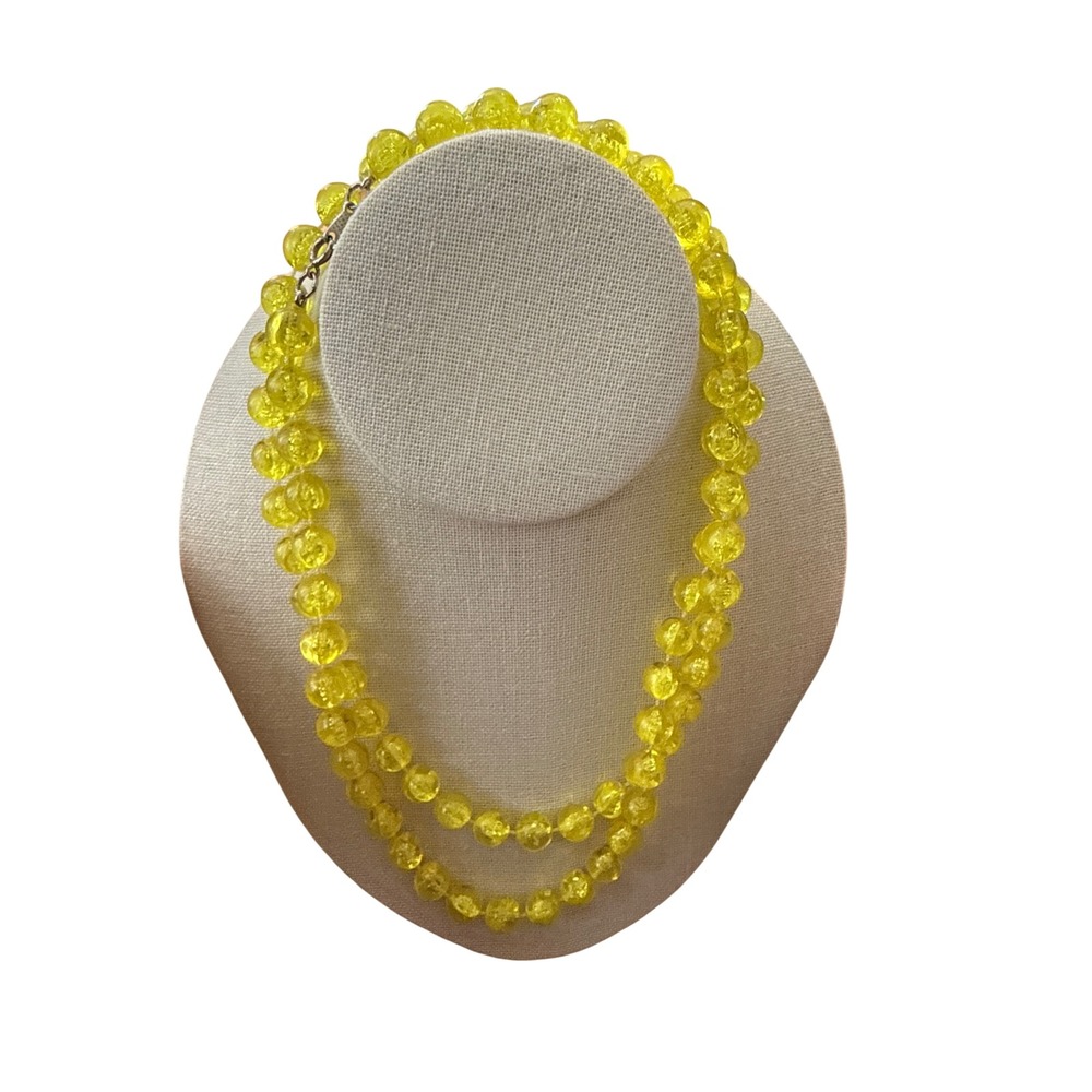 Vintage Sarah Coventry Yellow Crackle Glass Double Strand Necklace Retro Silver
